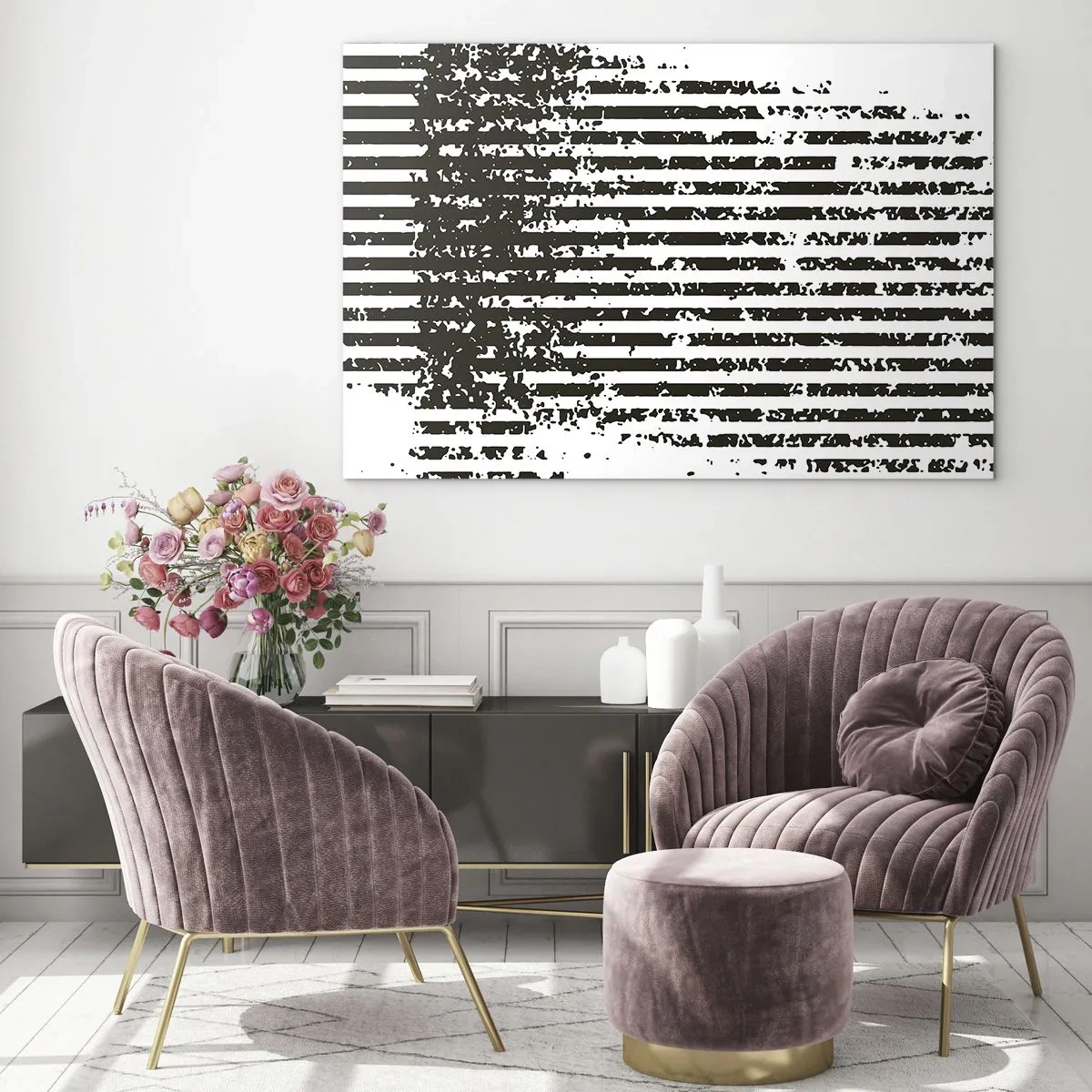 Cuadro sobre vidrio - Impresiones sobre Vidrio - Líneas horizontales en blanco y negro con efectos de ruido y abrasión. - 70x50cm - Ritmo y ruido - Decoración de pared moderna para salón y dormitorio ARTTOR