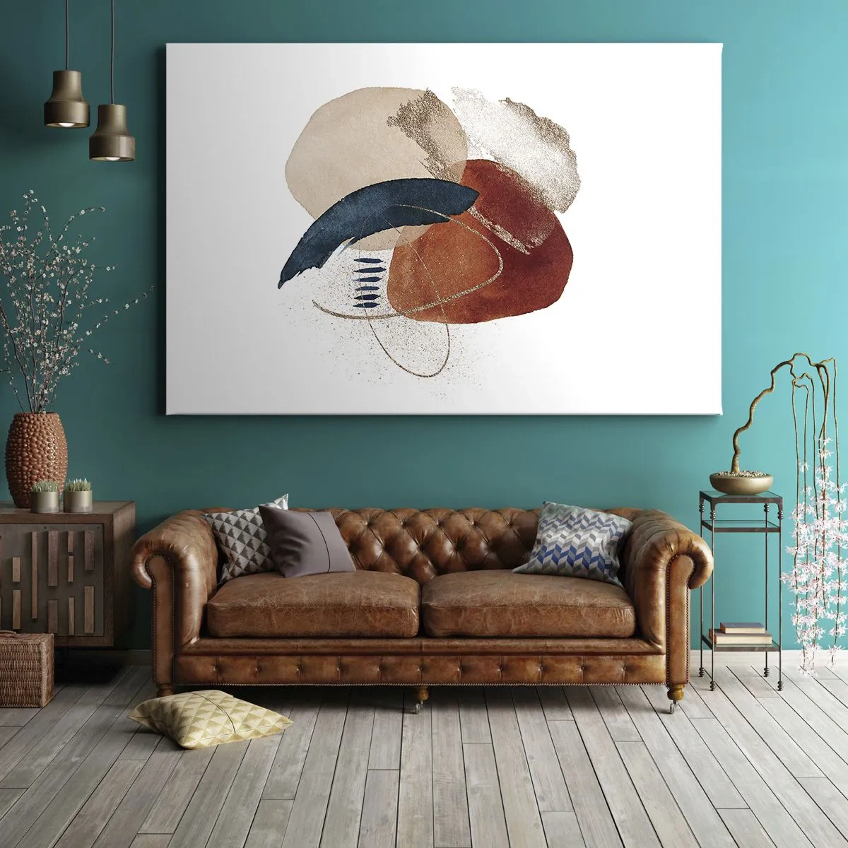 Cuadro sobre lienzo - Impresión de Imagen - Una composición abstracta con manchas en tonos tierra y azul marino. - 70x50cm - Composición ovalada - Decoración de pared moderna para salón y dormitorio ARTTOR