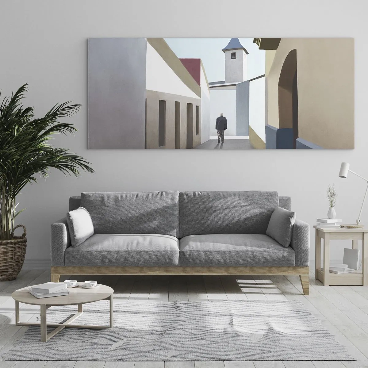 Cuadro sobre vidrio - Impresiones sobre Vidrio - Una calle minimalista con la silueta de un hombre al fondo. - 140x50cm - Paseo soleado - Decoración de pared moderna para salón y dormitorio ARTTOR