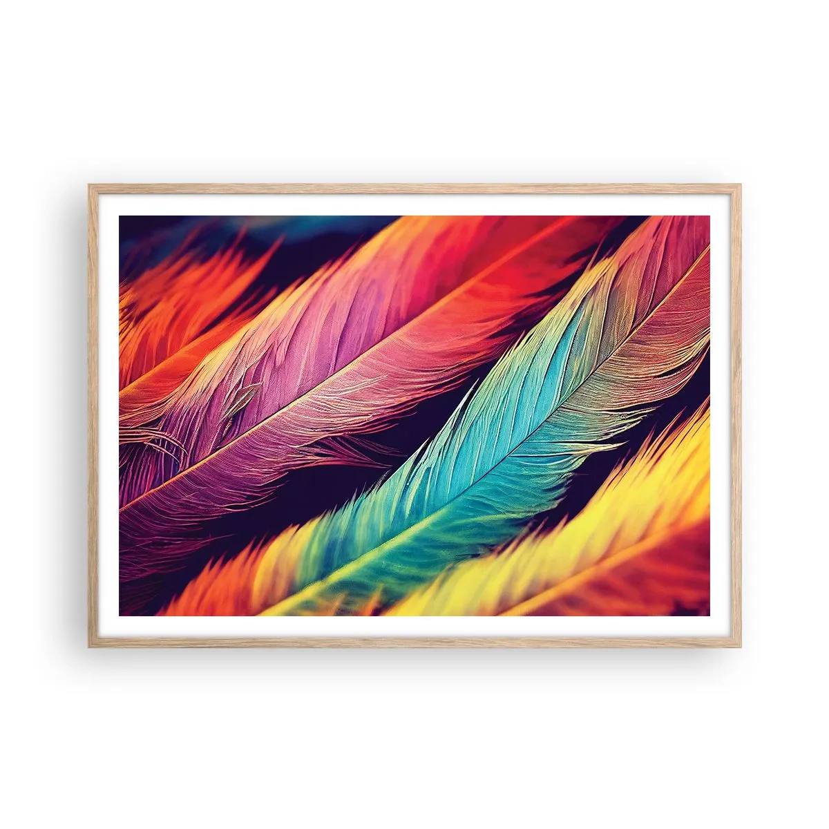 Póster en marco roble claro - Arco iris plumoso - 100x70 cm