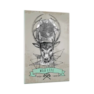 Cuadro sobre vidrio - Impresiones sobre Vidrio - Geometría de ciervo de estilo vintage con letras Wild Life - 70x100cm - Visión de San Huberto - Decoración de pared moderna para salón y dormitorio ARTTOR