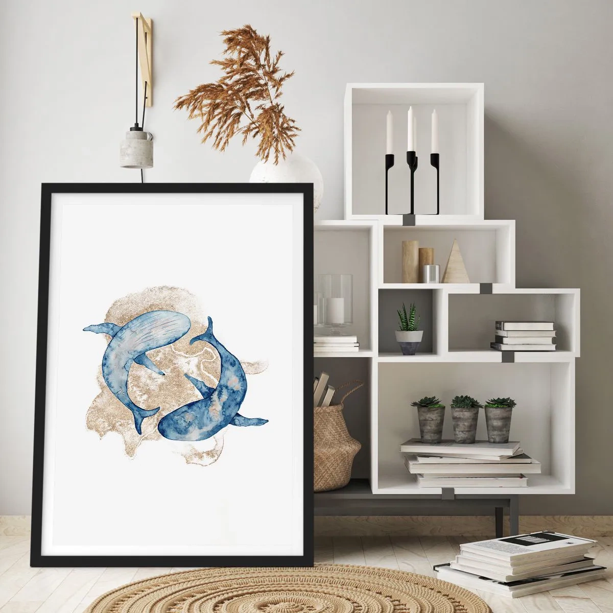 Póster en marco negro - Una pintura abstracta de dos ballenas de aleta. - 50x70cm - ¿Amistad o amor? - Decoración de pared moderna para salón y dormitorio ARTTOR
