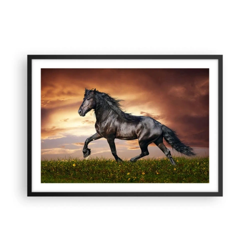 Póster en marco negro - Un caballo negro galopando contra el sol poniente. - 70x50cm - Príncipe negro - Decoración de pared moderna para salón y dormitorio ARTTOR