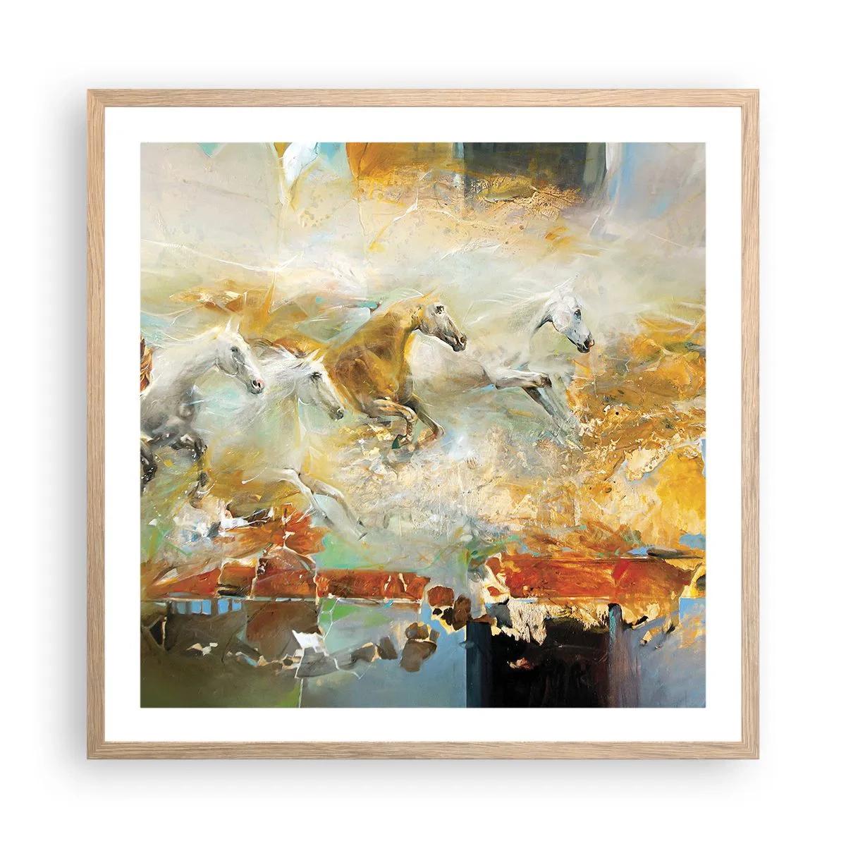 Póster en marco roble claro - Galopando a través de la luz - 60x60 cm