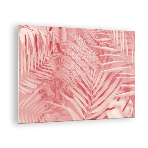 Cuadro sobre vidrio - Impresiones sobre Vidrio - Hojas tropicales rosas en una composición moderna. - 70x50cm - Concepto rosa - Decoración de pared moderna para salón y dormitorio ARTTOR