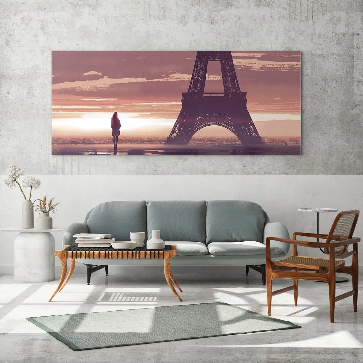 Cuadro sobre vidrio - Impresiones sobre Vidrio - Una figura mirando la Torre Eiffel a la luz del sol poniente. - 160x50cm - Sólo ellas dos - Decoración de pared moderna para salón y dormitorio ARTTOR