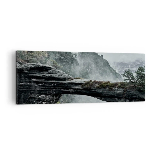 Cuadro sobre lienzo - Impresión de Imagen - Un arco de piedra rodeado de montañas brumosas y bosques. - 140x50cm - La aventura está a punto de comenzar - Decoración de pared moderna para salón y dormitorio ARTTOR
