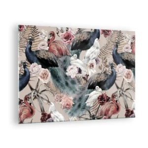 Cuadro sobre vidrio - Impresiones sobre Vidrio - Pavos reales y flamencos rodeados de rosas y helechos. - 70x50cm - En un jardín de palacio - Decoración de pared moderna para salón y dormitorio ARTTOR