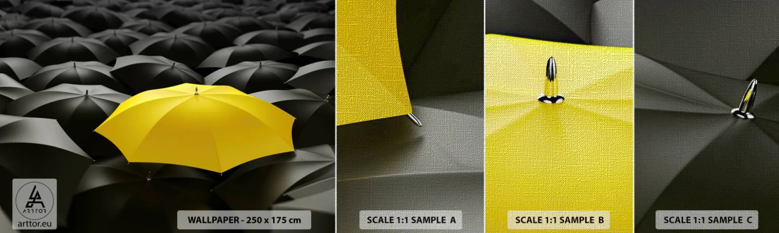 Muestra de fotomural Premium Canvas - Adiós a la tristeza - Paraguas amarillos, Gráficos, Concepto - 100x30 cm