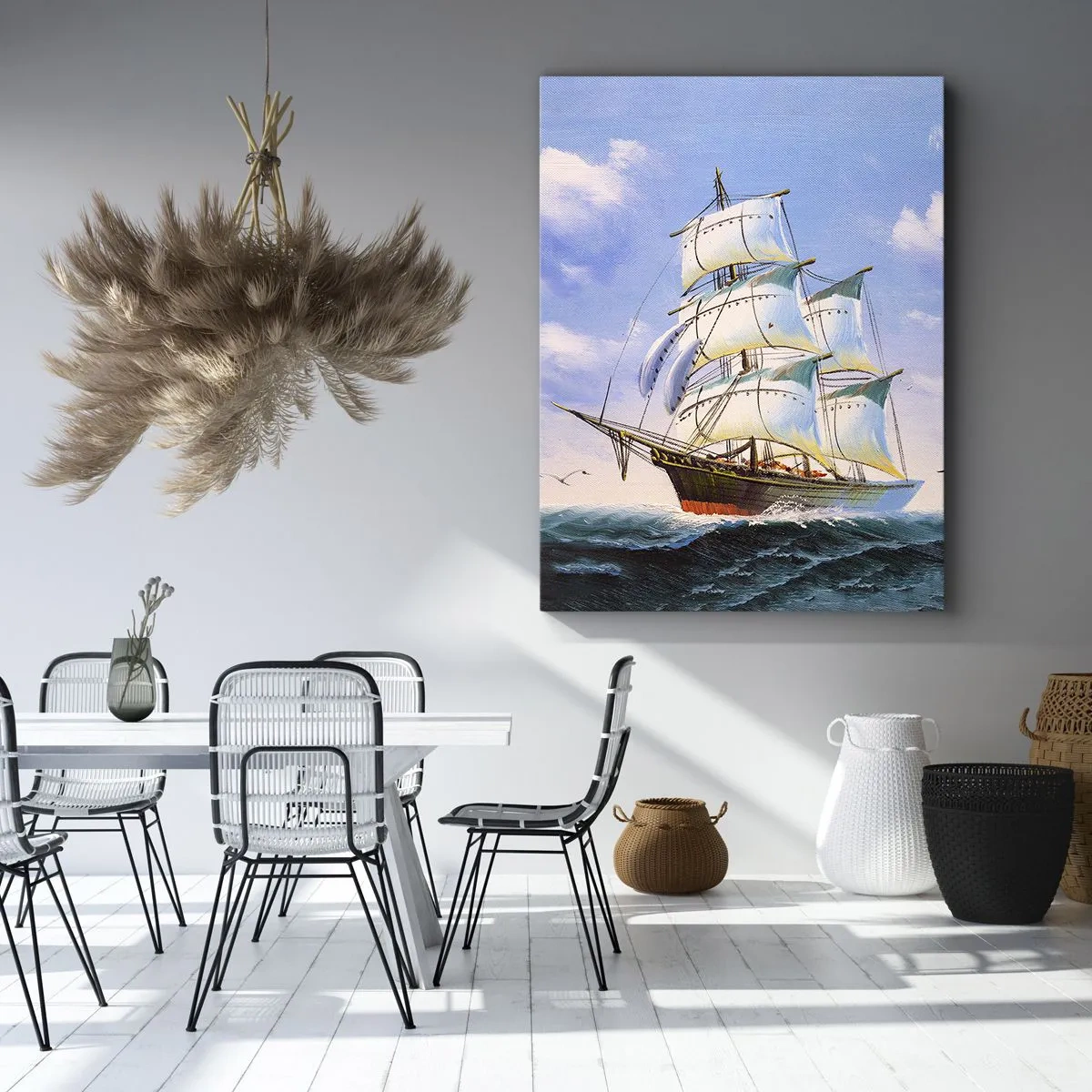 Cuadro sobre lienzo - Impresión de Imagen - Un velero en mar abierto bajo un cielo azul. - 80x120cm - Orgulloso con el viento - Decoración de pared moderna para salón y dormitorio ARTTOR