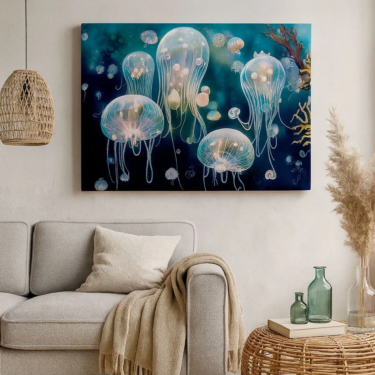 Cuadro sobre lienzo - Impresión de Imagen - Delicadas medusas en el mundo submarino - 70x50cm - Globos submarinos - Decoración de pared moderna para salón y dormitorio ARTTOR