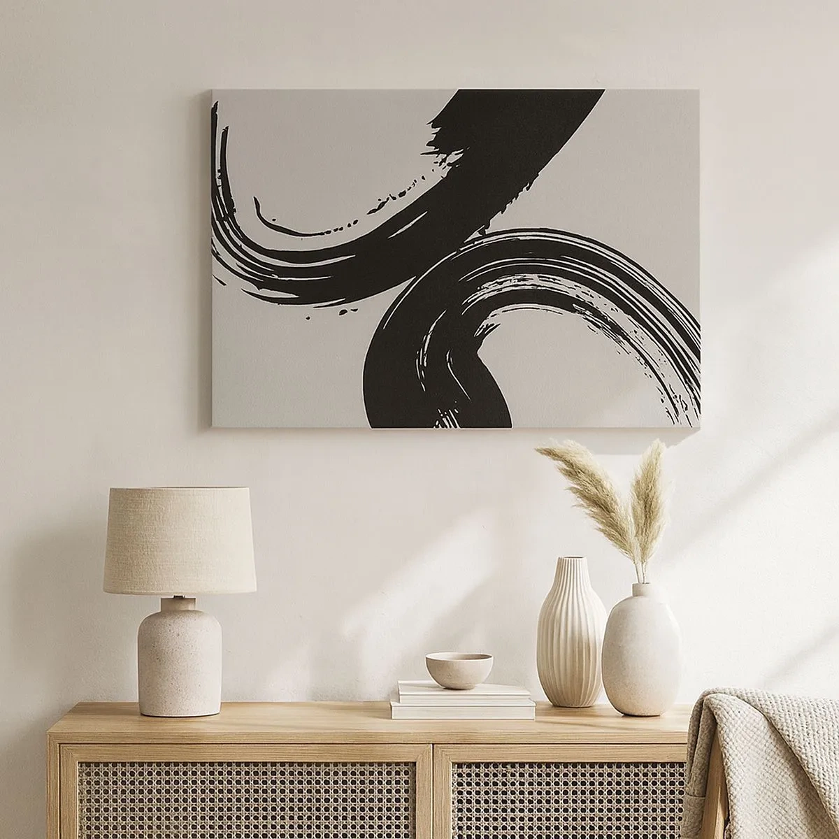 Cuadro sobre lienzo - Impresión de Imagen - Pinceladas dinámicas en negro sobre un fondo claro - 70x50cm - Barrido y circular - Decoración de pared moderna para salón y dormitorio ARTTOR