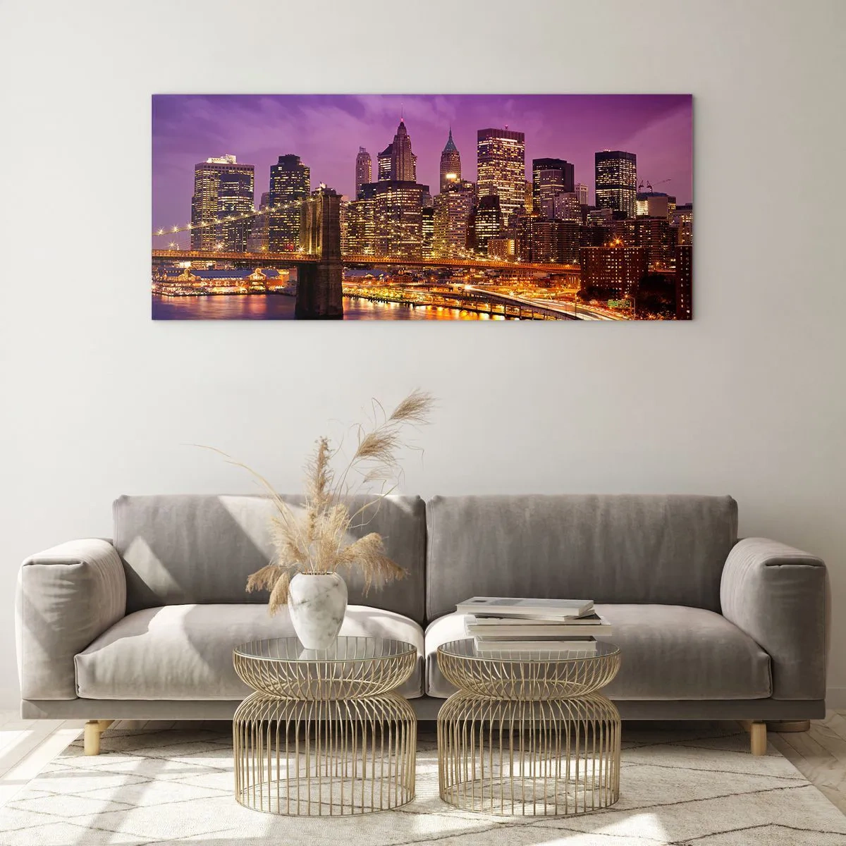 Cuadro sobre vidrio - Impresiones sobre Vidrio - Panorama de la ciudad con el puente a la luz del atardecer contra el cielo violeta. - 120x50cm - Manhattan púrpura y dorado - Decoración de pared moderna para salón y dormitorio ARTTOR