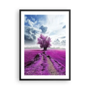 Póster en marco negro - Un árbol en un campo en tonos morados. - 50x70cm - El brezal - un encanto - Decoración de pared moderna para salón y dormitorio ARTTOR