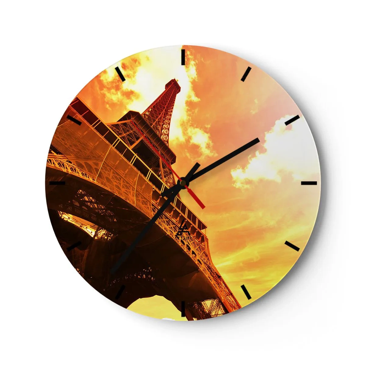 Reloj de pared - Reloj de vidrio - Vista de la Torre Eiffel al atardecer en colores dorados. - 30x30cm - Monumental, dorado por el sol - Decoración de pared moderna para salón, cocina y dormitorio ARTTOR