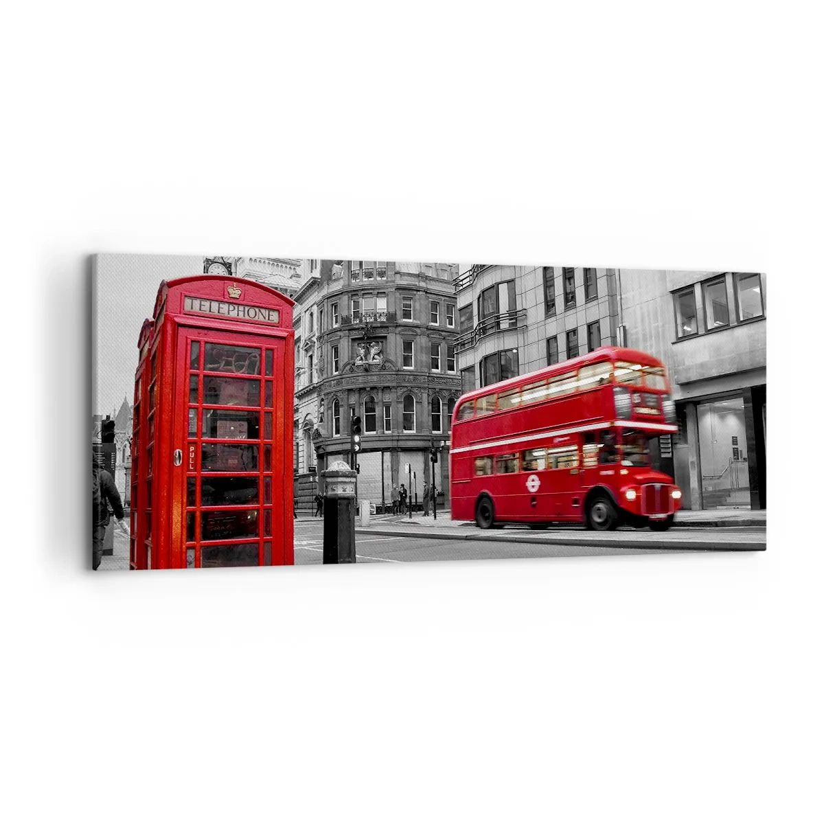 Cuadro sobre lienzo - Impresión de Imagen - Una cabina telefónica roja y un autobús de dos pisos en Londres con la ciudad al fondo. - 120x50cm - El más rojo de Europa - Decoración de pared moderna para salón y dormitorio ARTTOR