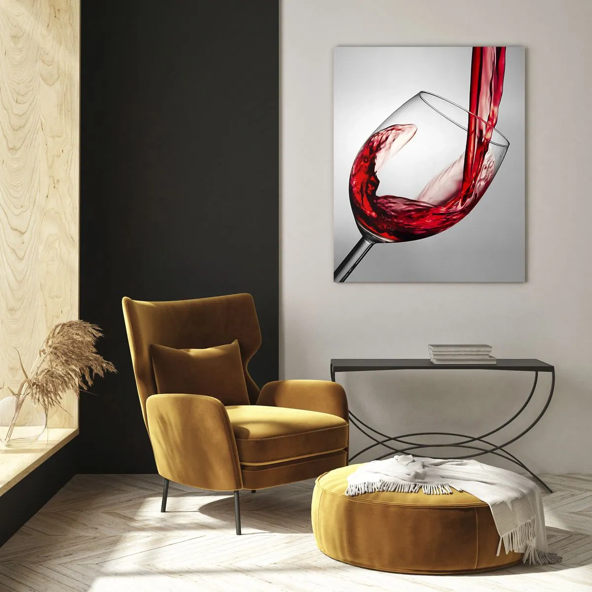 Cuadro sobre vidrio - Impresiones sobre Vidrio - Una copa de vino tinto vertida sobre un fondo claro. - 70x100cm - Color - Movimiento - Sonido - Decoración de pared moderna para salón y dormitorio ARTTOR
