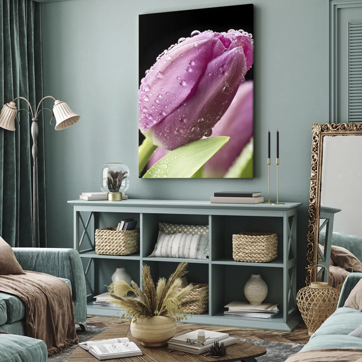 Cuadro sobre lienzo - Impresión de Imagen - Un sueño de lilas en el rocío - 65x120 cm