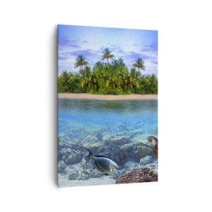 Cuadro sobre lienzo - Impresión de Imagen - Una isla tropical rodeada de un océano turquesa con un arrecife de coral y peces. - 70x100cm - Una isla paradisíaca te invita - Decoración de pared moderna para salón y dormitorio ARTTOR