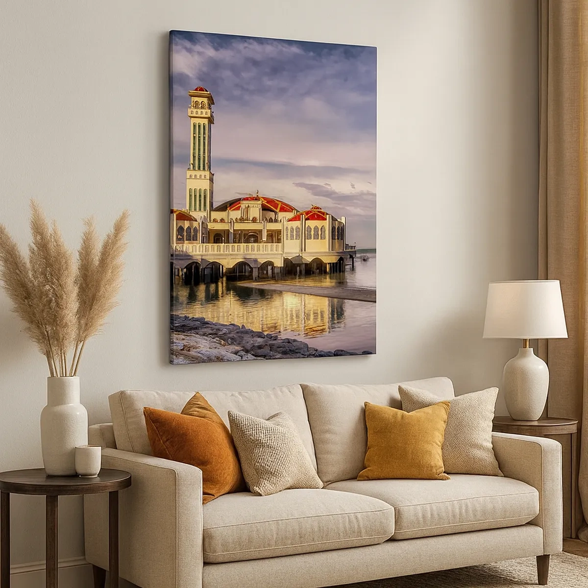 Cuadro sobre lienzo - Impresión de Imagen - Un impresionante edificio con un minarete sobre el agua rodeado de un paisaje tranquilo. - 50x70cm - Templo de la naturaleza - Decoración de pared moderna para salón y dormitorio ARTTOR