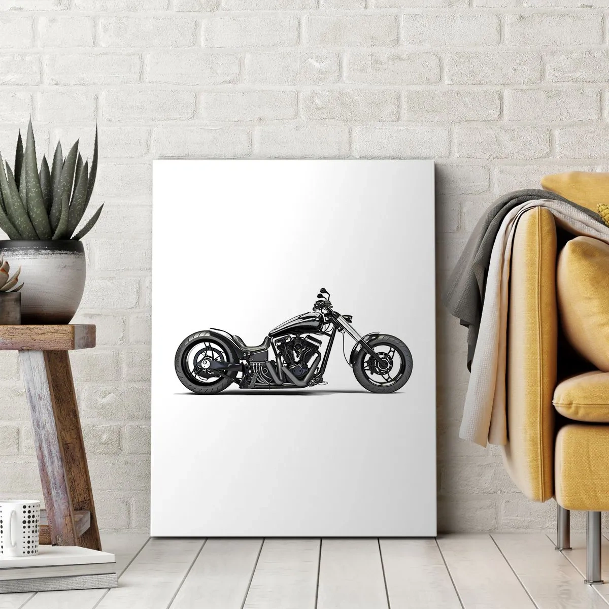 Cuadro sobre lienzo - Impresión de Imagen - Elegante motocicleta personalizada negra sobre un fondo blanco. - 50x70cm - Para los que aman la libertad - Decoración de pared moderna para salón y dormitorio ARTTOR