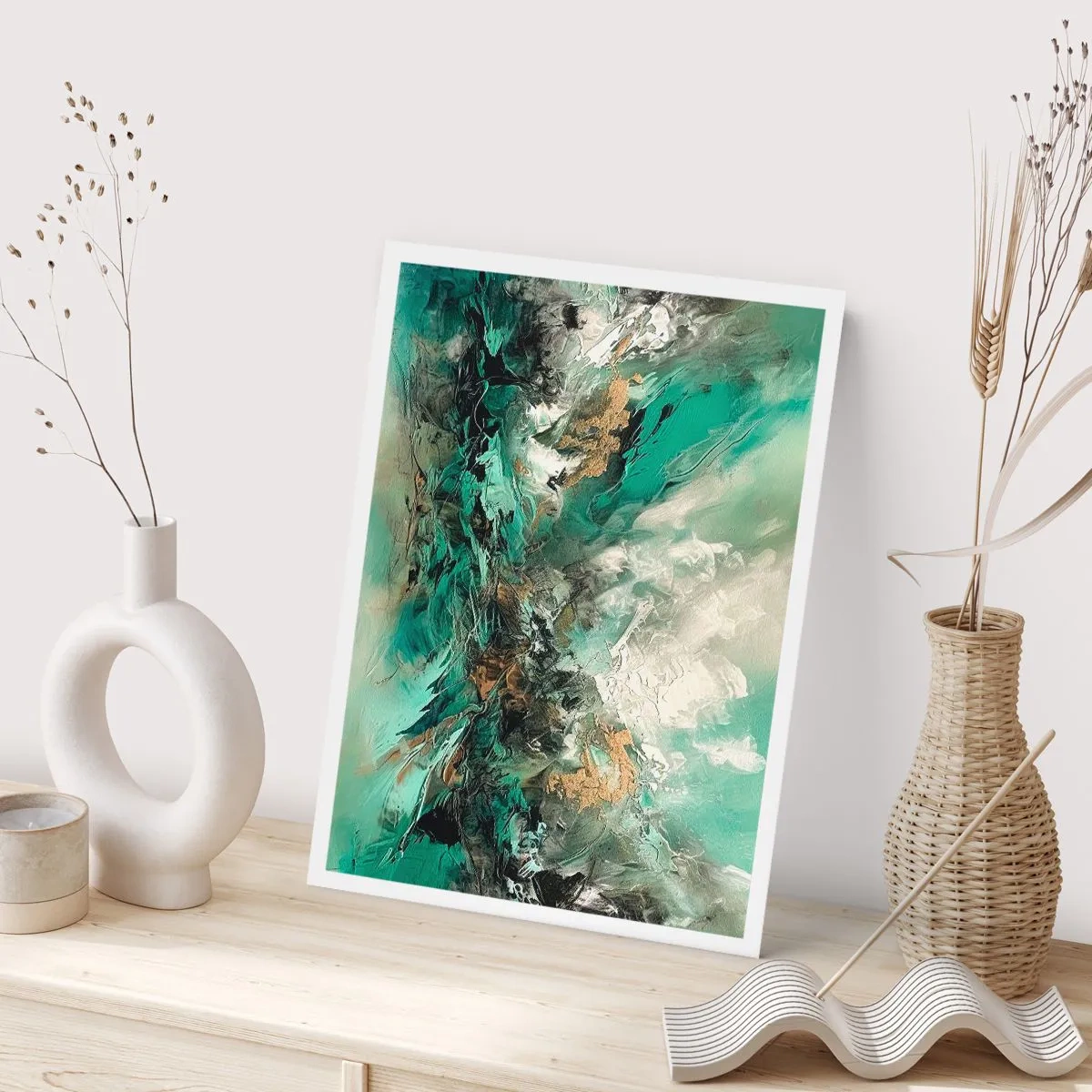 Póster - Composición abstracta en tonos verdes y dorados. - 50x70cm - Hervor negro esmeralda - Decoración de pared moderna para salón y dormitorio ARTTOR