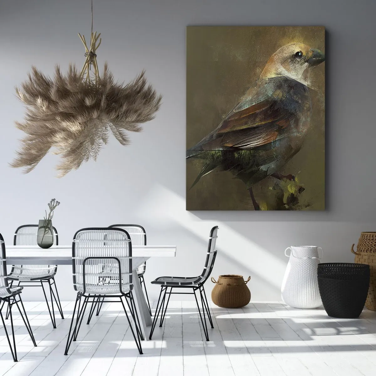 Cuadro sobre lienzo - Impresión de Imagen - Una interpretación artística de un gorrión sobre un fondo marrón. - 50x70cm - Pequeño gorrión - Decoración de pared moderna para salón y dormitorio ARTTOR