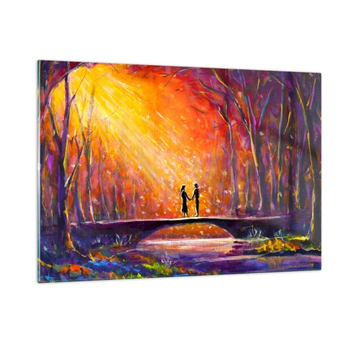 Cuadro sobre vidrio - Impresiones sobre Vidrio - Una pareja en un puente a la luz del sol poniente, rodeada de árboles. - 120x80cm - El cielo también los ama - Decoración de pared moderna para salón y dormitorio ARTTOR