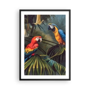 Póster en marco negro - Loros tropicales rodeados de exuberante vegetación. - 50x70cm - Romanticismo en los trópicos - Decoración de pared moderna para salón y dormitorio ARTTOR