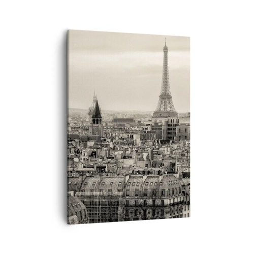 Cuadro sobre lienzo - Impresión de Imagen - Panorama de París con la Torre Eiffel en tonos sepia - 50x70cm - Sobre los tejados de París - Decoración de pared moderna para salón y dormitorio ARTTOR