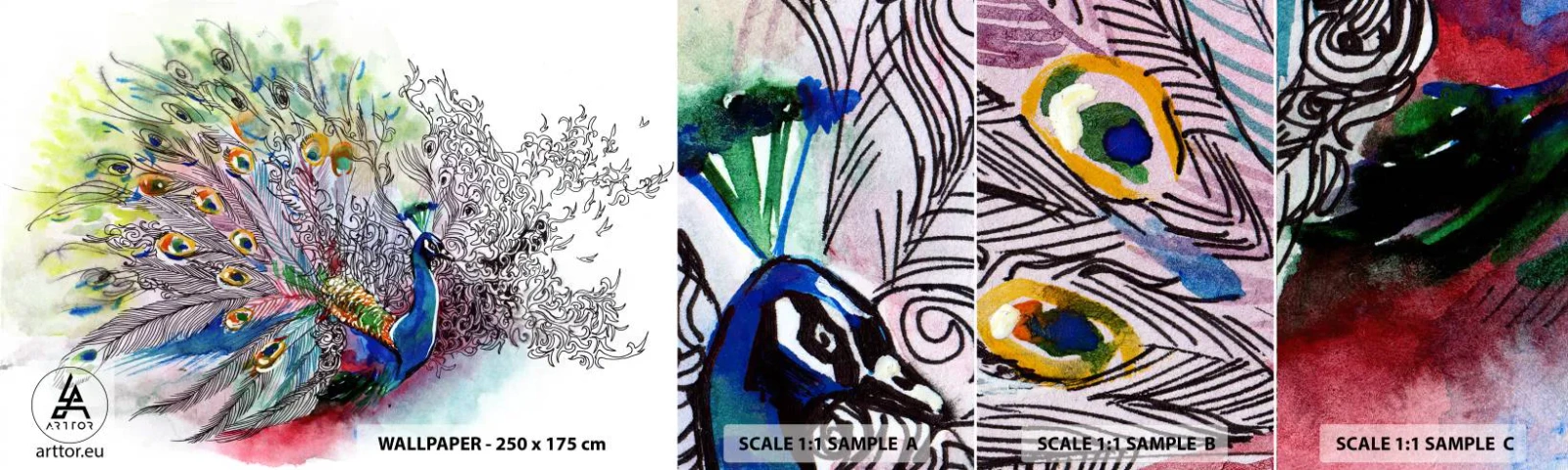 Muestra de fotomural autoadhesivo Deluxe Sticker - Con orgullo contra el gris  - Pájaro, Pavo real, Plumas - 100x30 cm