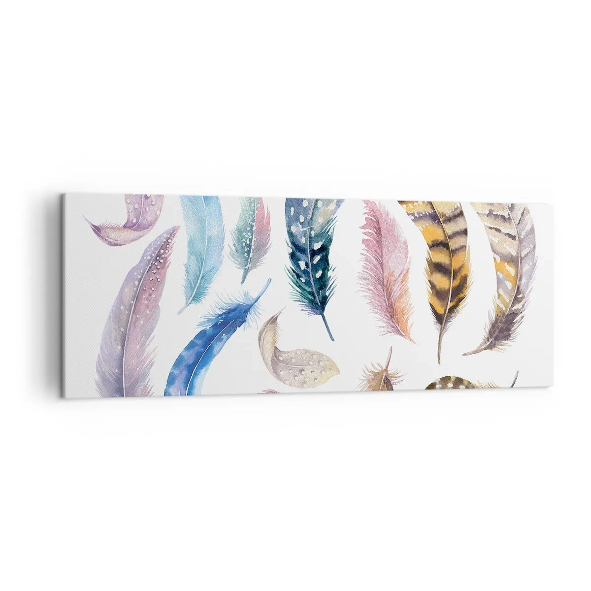 Cuadro sobre lienzo - Impresión de Imagen - Plumas de colores en un delicado estilo de acuarela. - 140x50cm - Ligero, colorido y multicolor - Decoración de pared moderna para salón y dormitorio ARTTOR
