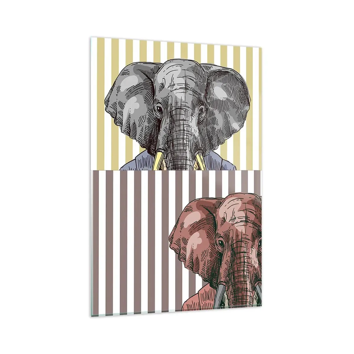 Cuadro sobre vidrio - Impresiones sobre Vidrio - Un elefante con traje sobre un fondo de rayas beige. - 80x120cm - Elegante por naturaleza - Decoración de pared moderna para salón y dormitorio ARTTOR