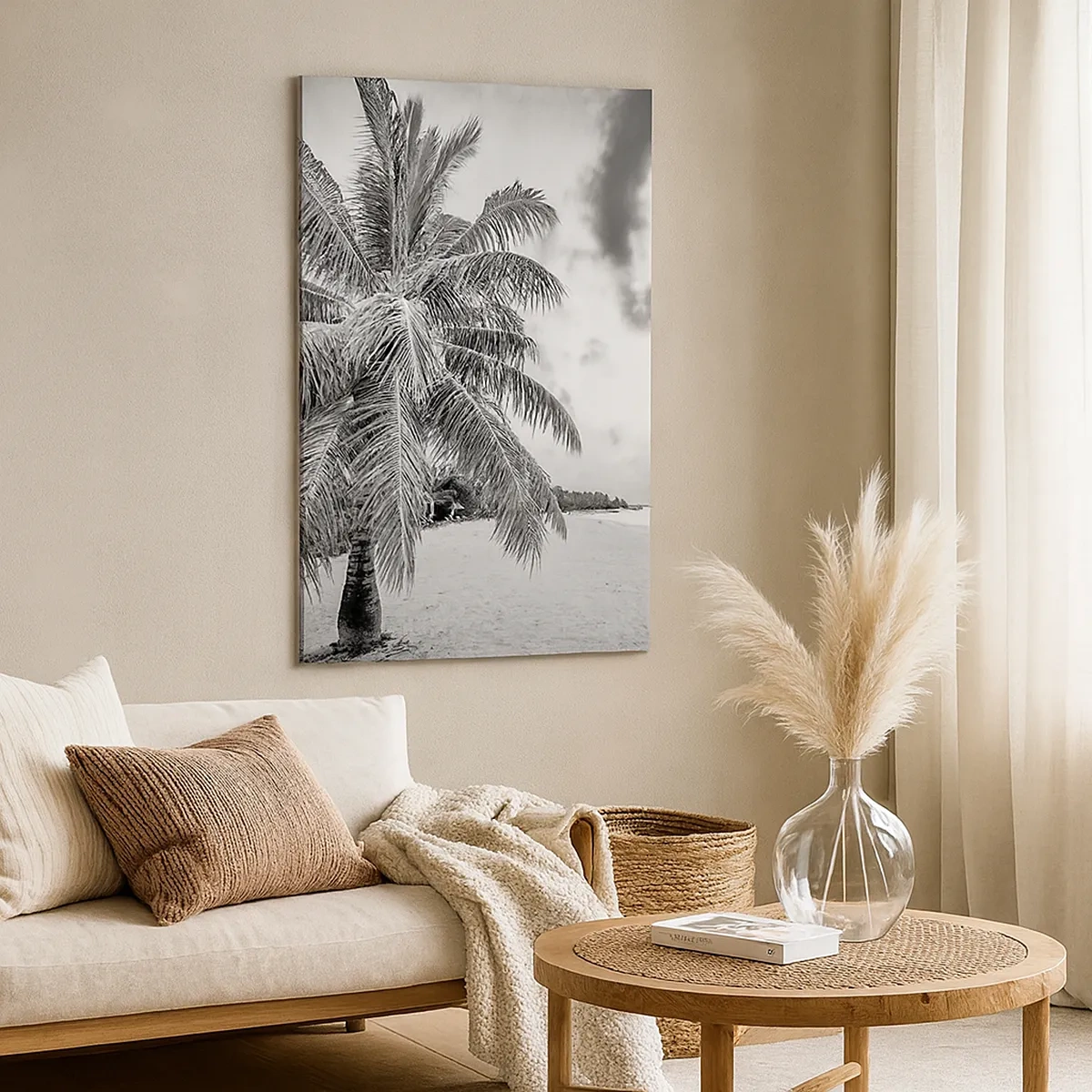 Cuadro sobre lienzo - Impresión de Imagen - Palmera en blanco y negro en una playa vacía con nubes - 50x70cm - Anhelo de soledad.... - Decoración de pared moderna para salón y dormitorio ARTTOR