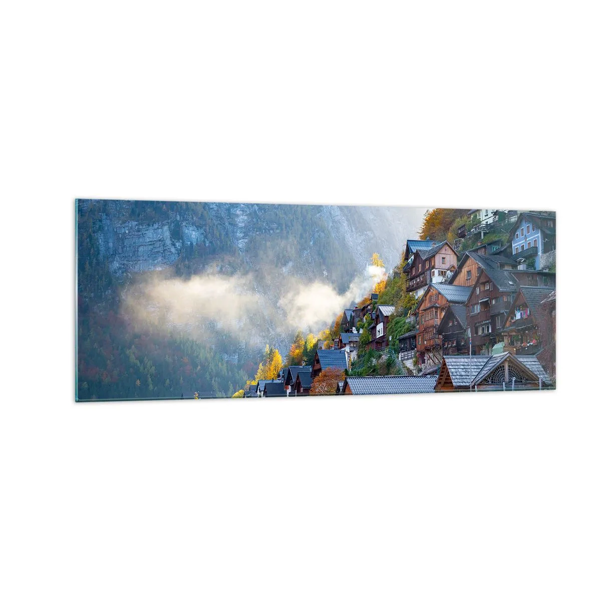Cuadro sobre vidrio - Impresiones sobre Vidrio - Un pueblo de montaña junto a un lago en un paisaje otoñal. - 140x50cm - Ambiente alpino - Decoración de pared moderna para salón y dormitorio ARTTOR