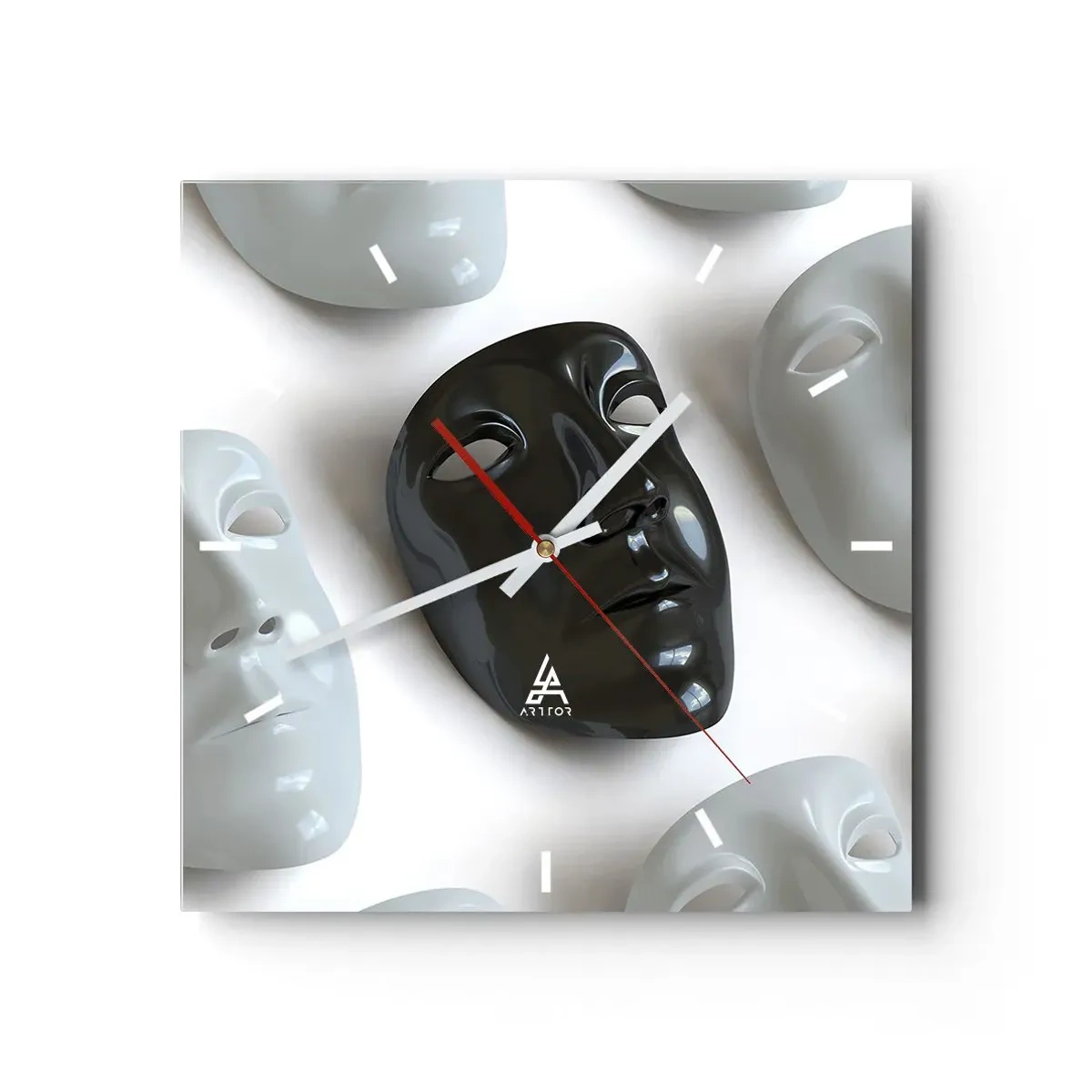 Reloj de pared - Reloj de vidrio - Máscaras en blanco y negro sobre un fondo claro - 30x30cm - ¿Cómo destacar? - Decoración de pared moderna para salón y dormitorio ARTTOR