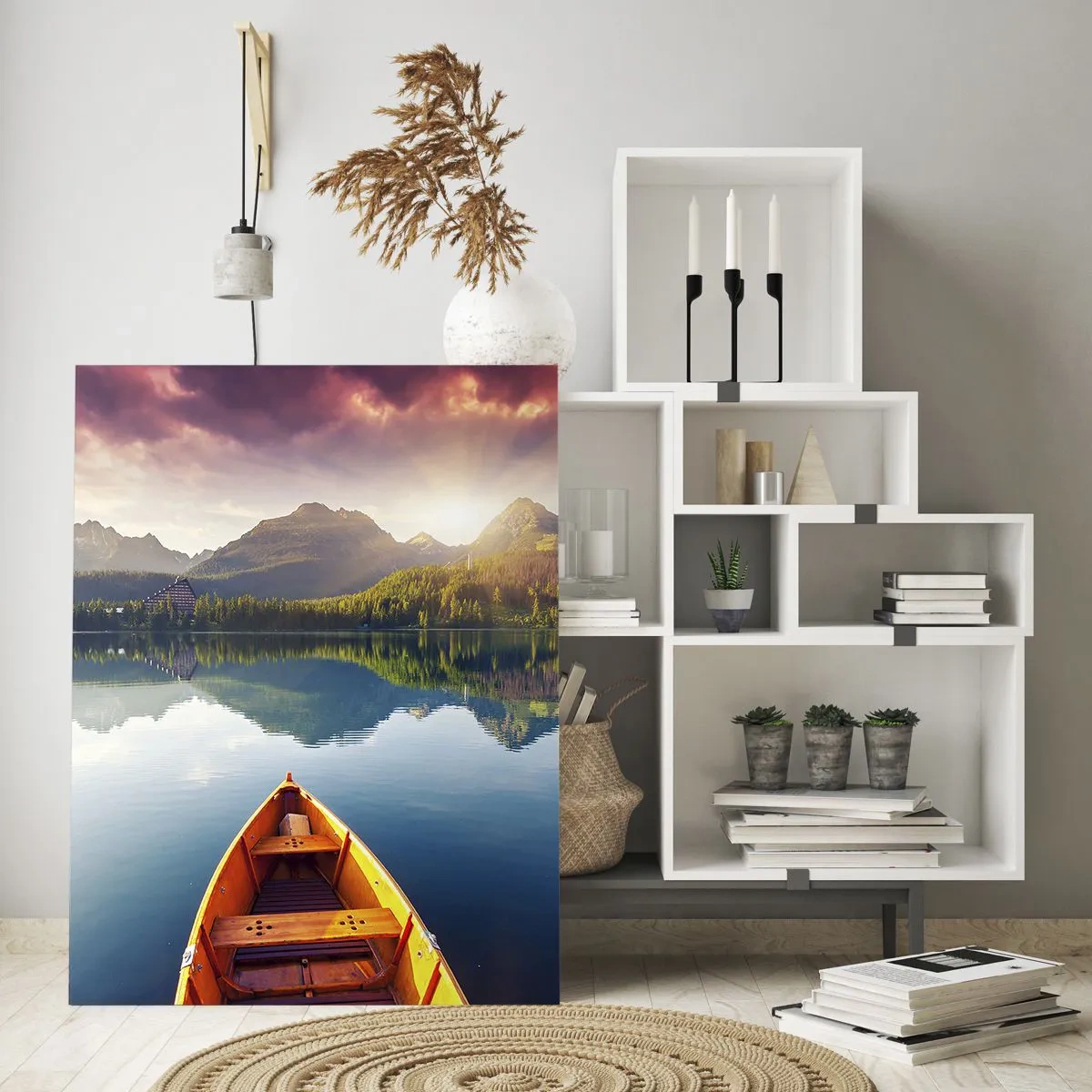 Cuadro sobre vidrio - Impresiones sobre Vidrio - Tres barcos de madera con el telón de fondo de un lago de montaña al atardecer - 80x120cm - Frente a la naturaleza - Decoración de pared moderna para salón y dormitorio ARTTOR