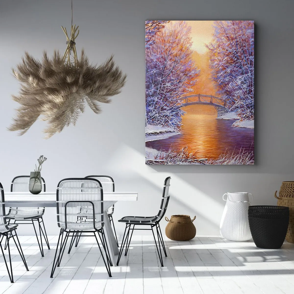 Cuadro sobre lienzo - Impresión de Imagen - Paisaje invernal con puente y puesta de sol - 70x100cm - Reunámonos aquí - Decoración de pared moderna para salón y dormitorio ARTTOR