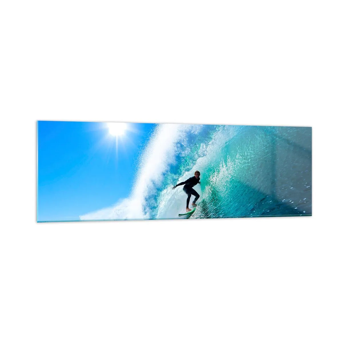 Cuadro sobre vidrio - Impresiones sobre Vidrio - Un surfista en una tabla se desliza dentro de una poderosa ola bajo un cielo azul. - 160x50cm - A través de la gran ola - Decoración de pared moderna para salón y dormitorio ARTTOR