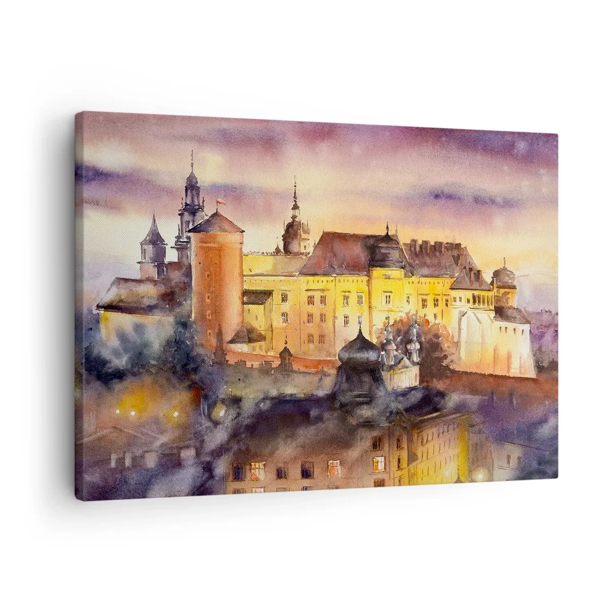 Cuadro sobre lienzo - Impresión de Imagen - Una pintoresca pintura de acuarela de un castillo al atardecer. - 70x50cm - Una historia y un cuento - Decoración de pared moderna para salón y dormitorio ARTTOR