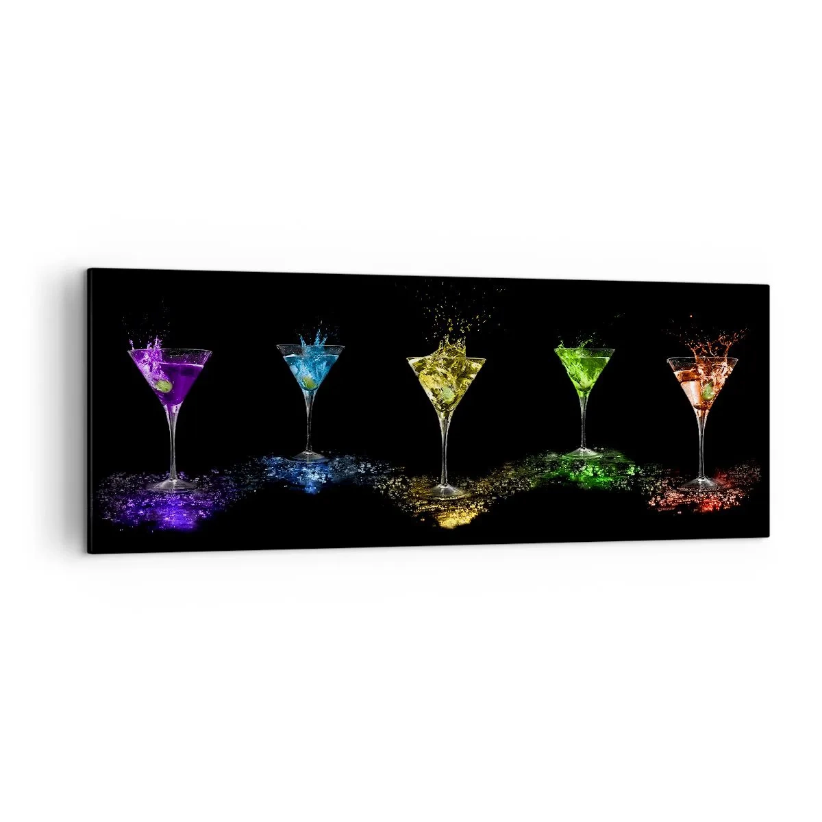 Cuadro sobre lienzo - Impresión de Imagen - Cócteles coloridos en vasos sobre un fondo negro - 140x50cm - Los colores de la alegría en una copa de cristal - Decoración de pared moderna para salón y dormitorio ARTTOR