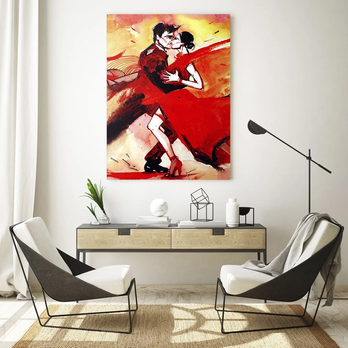 Cuadro sobre vidrio - Impresiones sobre Vidrio - Una pareja bailando en una composición roja dinámica. - 50x70cm - Ritmo púrpura de la pasión - Decoración de pared moderna para salón y dormitorio ARTTOR