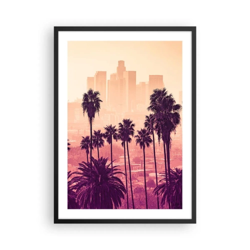 Póster en marco negro - Palmeras con la ciudad como telón de fondo al atardecer - 50x70cm - El paisaje de California - Decoración de pared moderna para salón y dormitorio ARTTOR