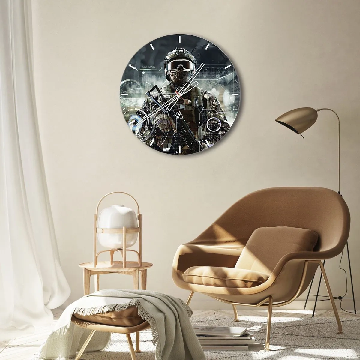 Reloj de pared - Reloj de vidrio - La figura de un soldado con equipo moderno en el contexto de gráficos tecnológicos. - 30x30cm - De poder a poder - Decoración de pared moderna para salón, cocina y dormitorio ARTTOR