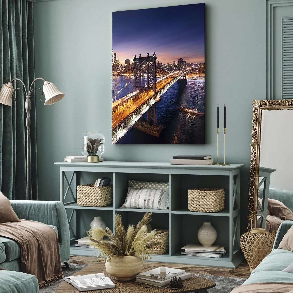 Cuadro sobre lienzo - Impresión de Imagen - El puente y el panorama de la ciudad al atardecer. - 50x70cm - Un puente luminoso hacia el corazón de la ciudad - Decoración de pared moderna para salón y dormitorio ARTTOR
