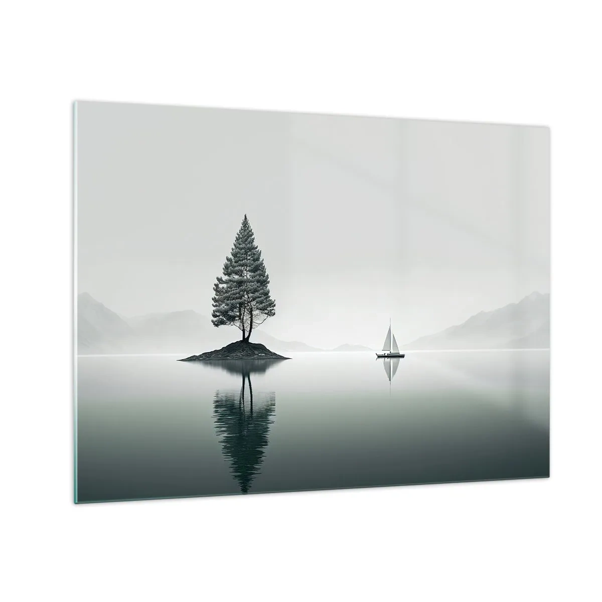 Cuadro sobre vidrio - Impresiones sobre Vidrio - Un árbol solitario en una isla y un velero en un lago tranquilo. - 70x50cm - Un sueño hecho realidad - Decoración de pared moderna para salón y dormitorio ARTTOR