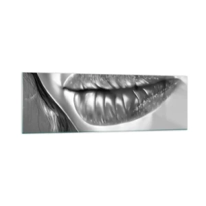 Cuadro sobre vidrio - Impresiones sobre Vidrio - Primer plano en blanco y negro de los labios de una mujer con efecto brillante y detalles. - 160x50cm - Sé lo que estás pensando... - Decoración de pared moderna para salón y dormitorio ARTTOR