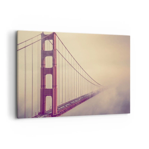 Cuadro sobre lienzo - Impresión de Imagen - Un puente en la niebla en tonos pastel, símbolo de elegancia y paz. - 120x80cm - Entre el cielo y la tierra - Decoración de pared moderna para salón y dormitorio ARTTOR