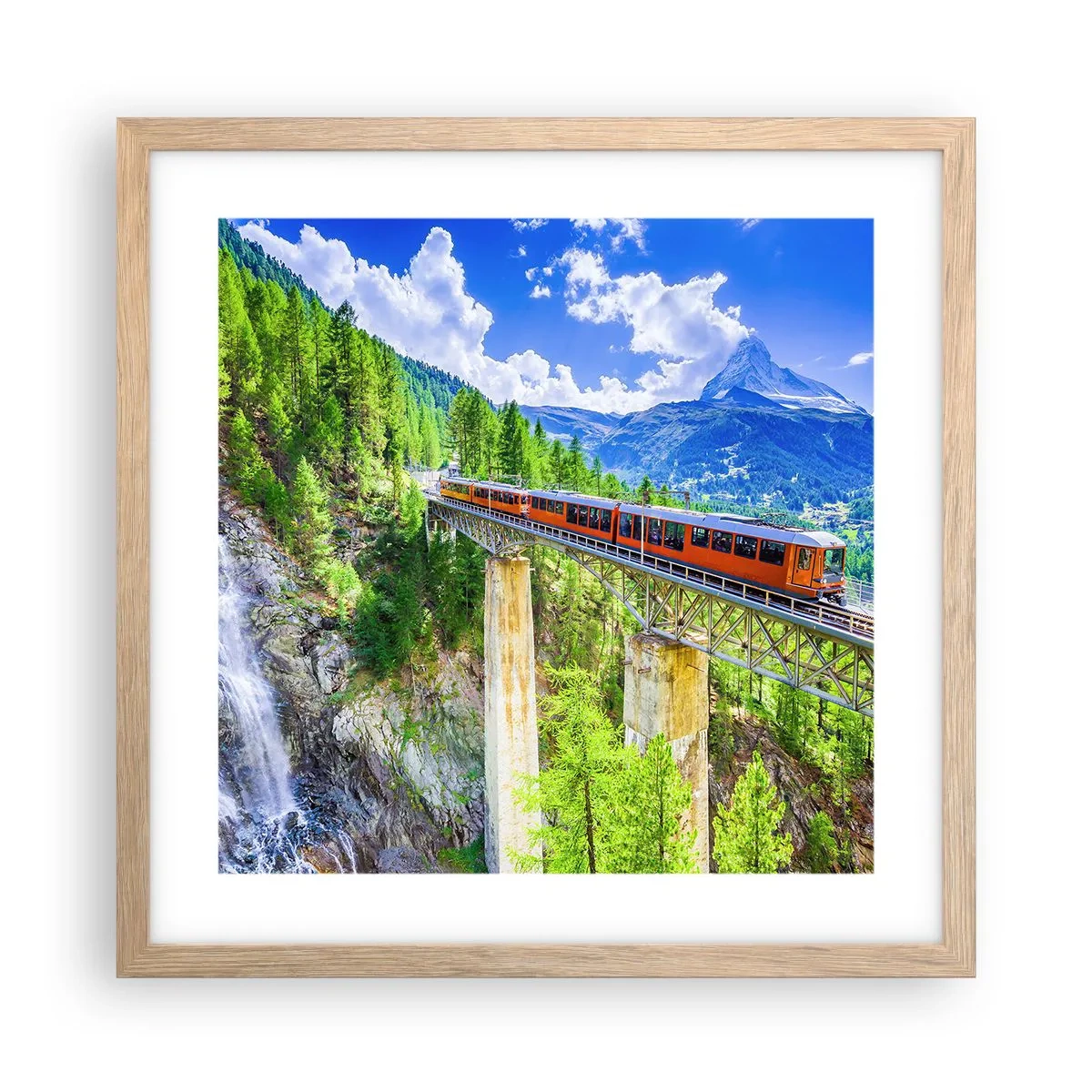 Póster en marco roble claro - Ferrocarril a los Alpes - 40x40 cm