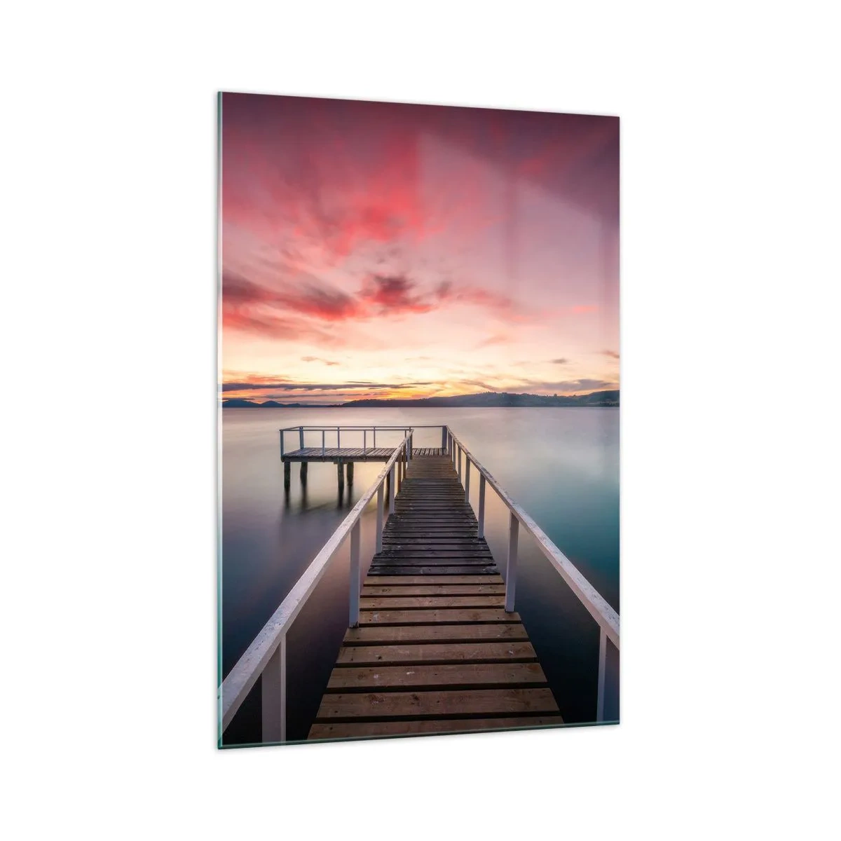 Cuadro sobre vidrio - Impresiones sobre Vidrio - Un embarcadero que conduce a un lago tranquilo al atardecer. - 70x100cm - La suave llama del atardecer - Decoración de pared moderna para salón y dormitorio ARTTOR